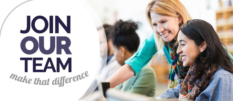 Two smiling people looking at a computer screen in a career centre. The text on the image says Join our team, make that difference. 