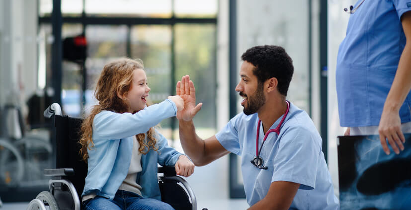 practical nurse training graduate using their conflict resolution skills to encouraging a pediatric patient