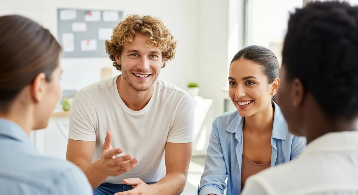 Group of individuals in a community center having a conversation